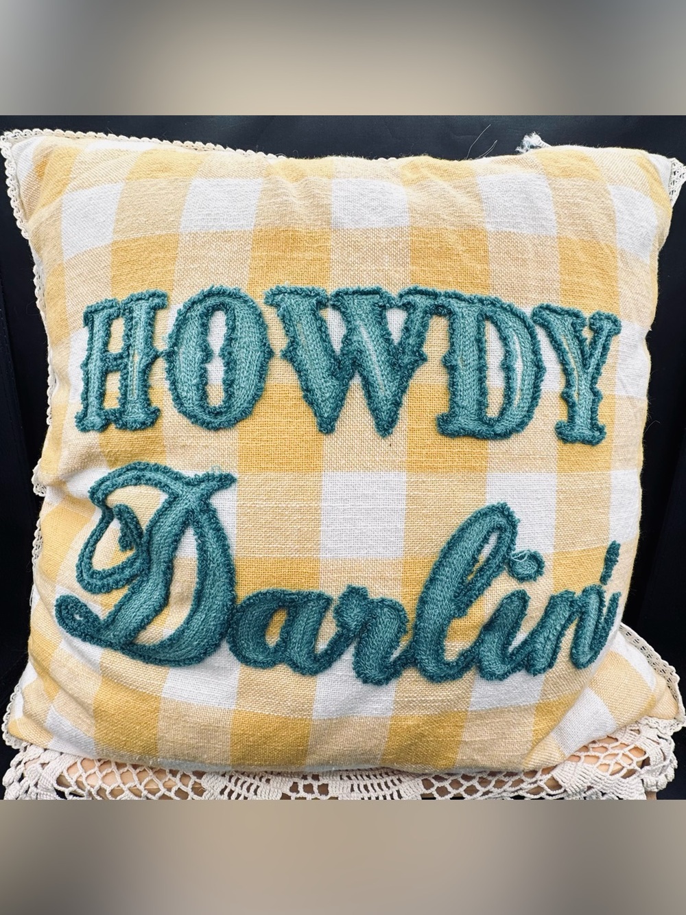Howdy Darlin' Embroidered Gingham Check Pillow - Yellow & Teal